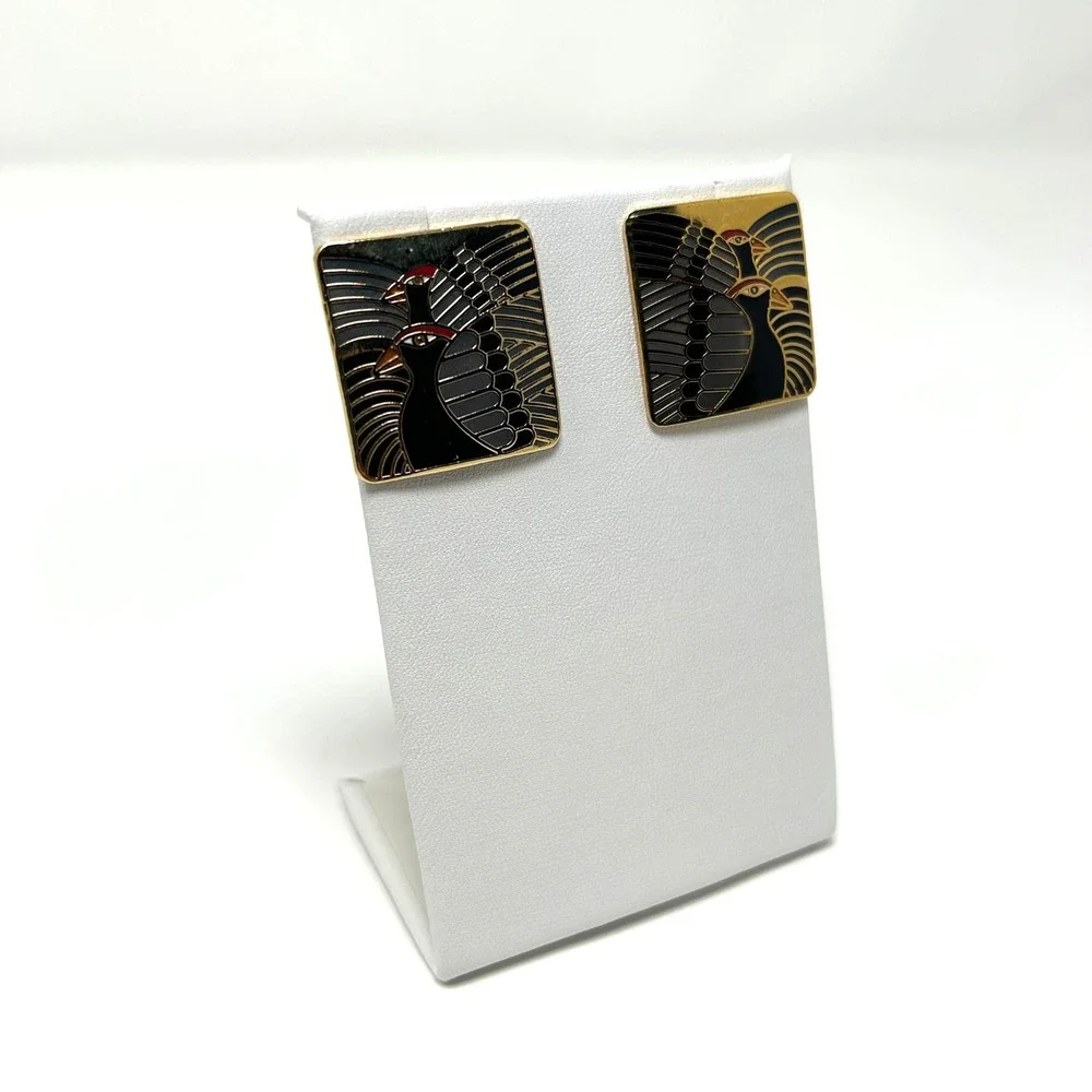 VTG Laurel Burch Moondoves Square‎ Enamel Bird Earrings Gold Tone Studs